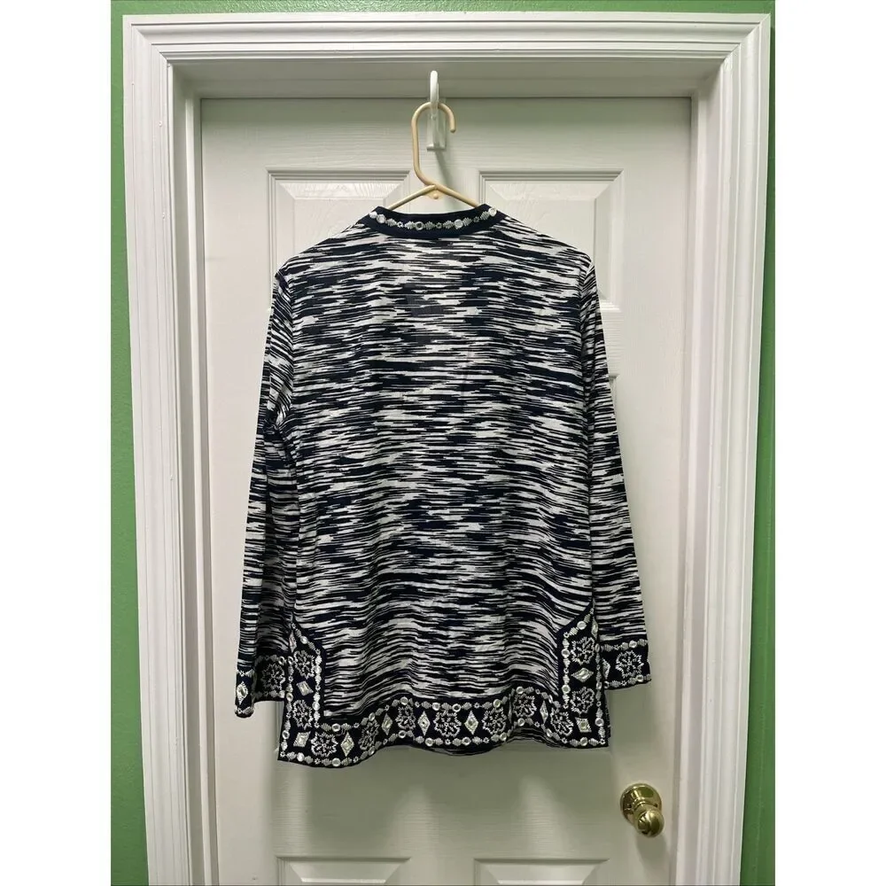 Tory Burch V-Neck Long Sleeve Mockneck Side Slit Mirror Accent Tunic Top Size 10